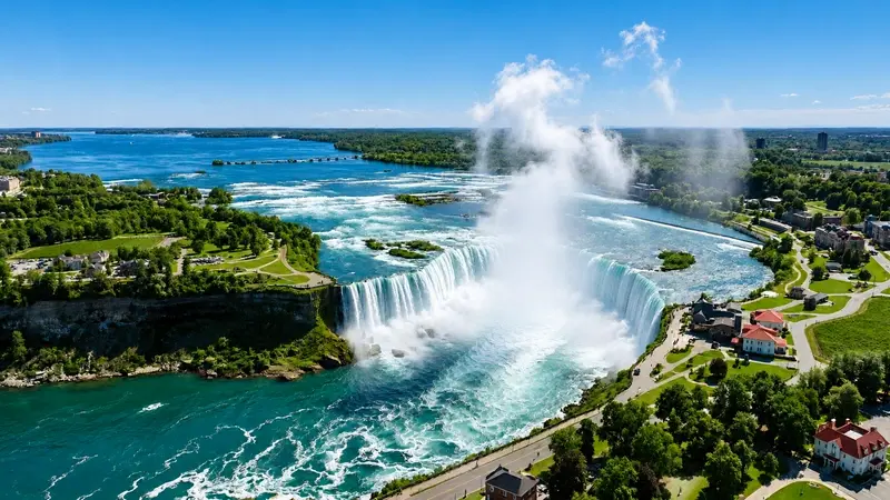 Niagara Falls horseshoe falls and river gorge aerial panorama