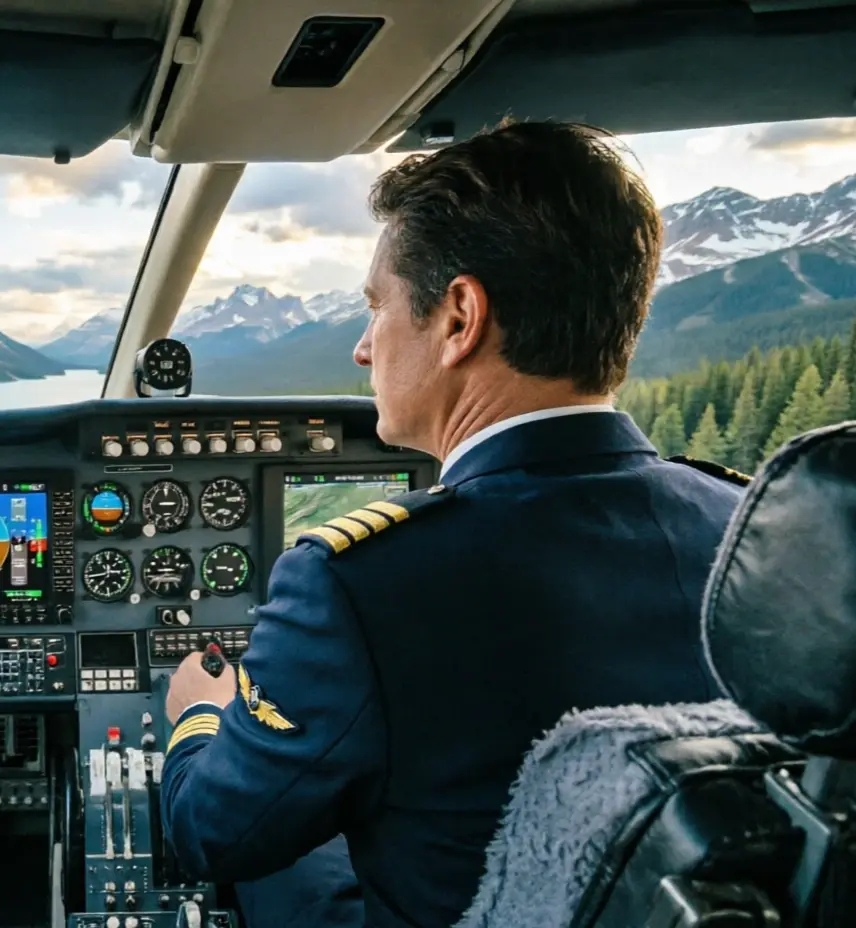 Pilot navigating over vast Canadian wilderness