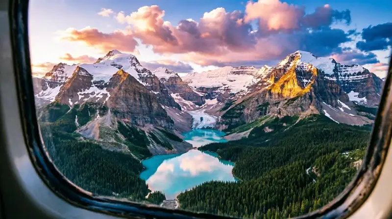 Canadian Rockies mountain peaks and glacial valleys from above