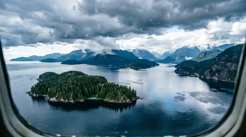 Vancouver coastline and forested islands aerial view