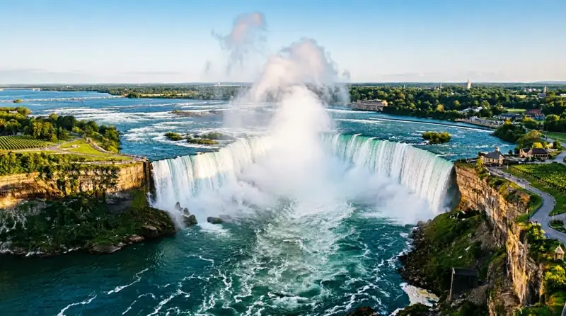 Niagara Falls aerial panorama with river and gorge