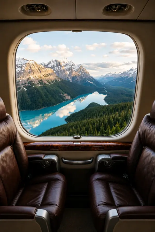 Panoramic view of Canadian wilderness from aircraft window
