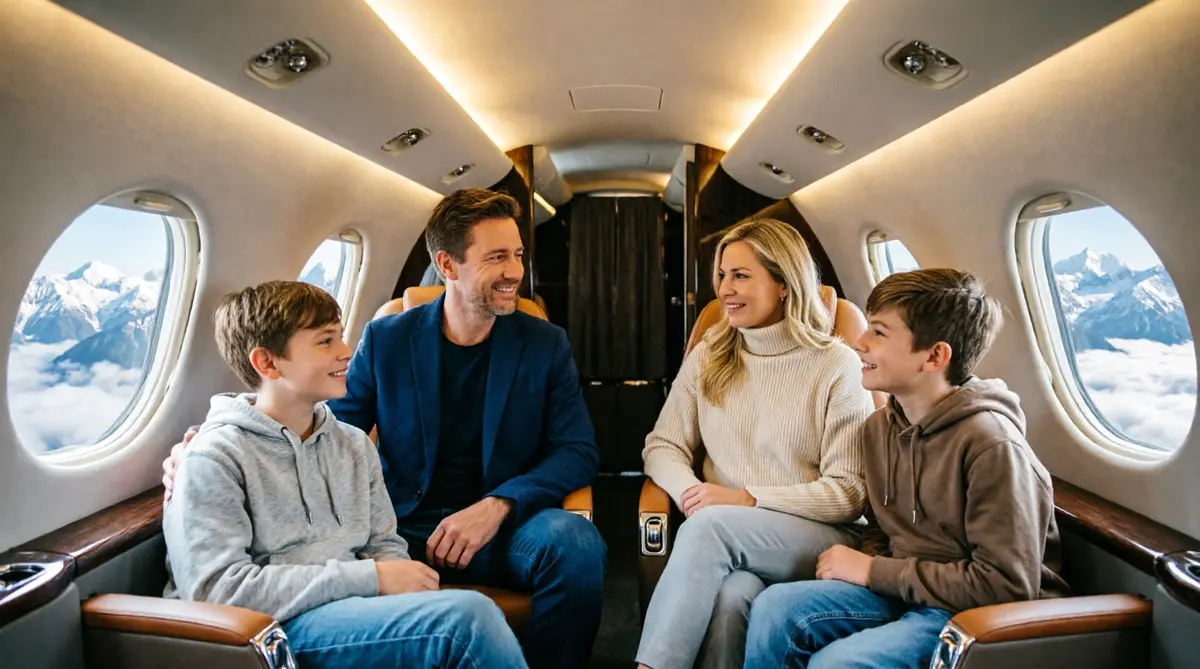 Guests enjoying panoramic views inside a private aircraft cabin